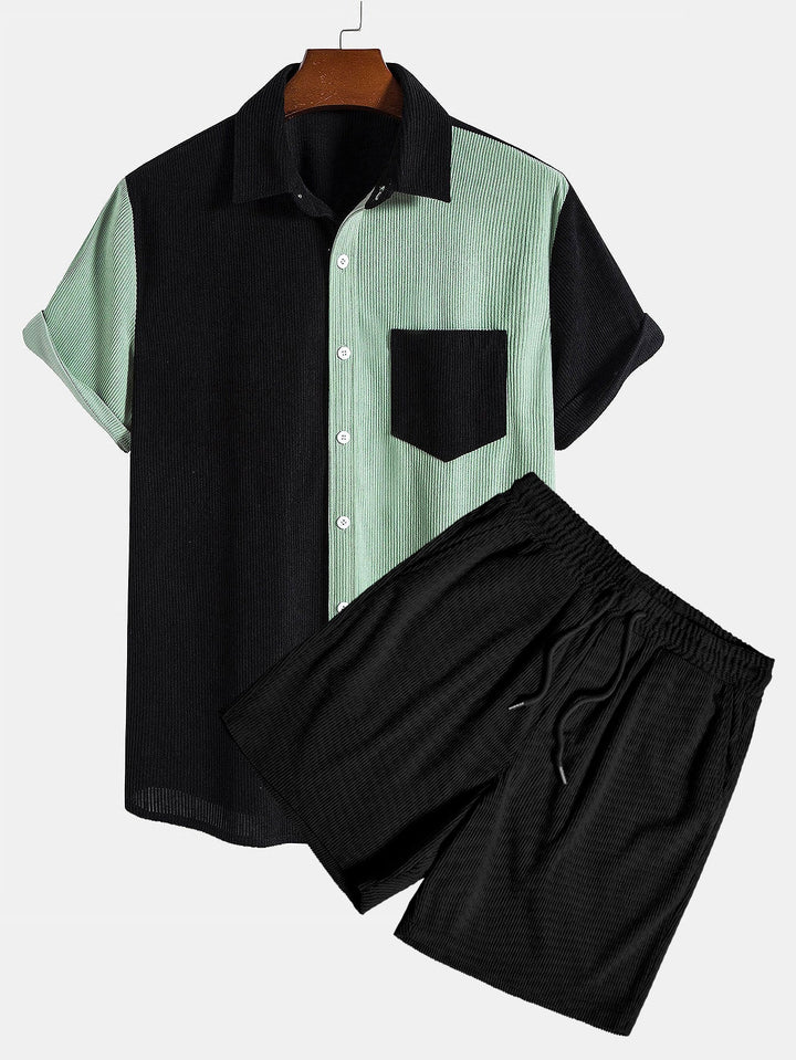 Korte Mouwen Twee-Kleurige Katoenen Overhemd & Katoenen Korte Broek