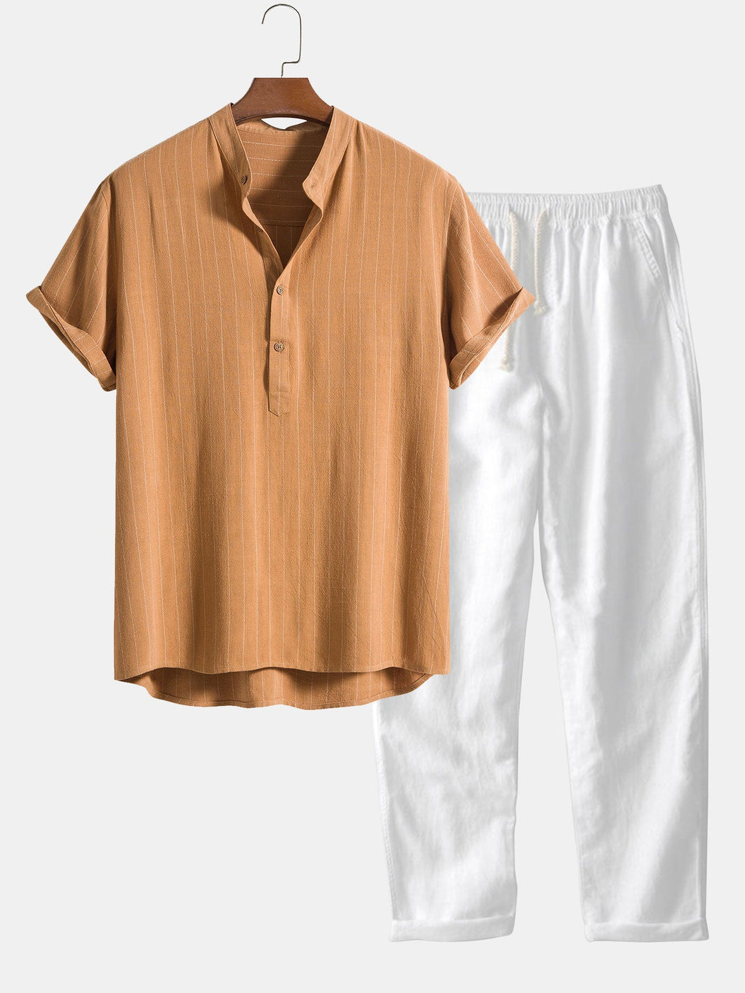 Linnenmix Gestreepte Half Open Placket Henley Kraag Shirt & Rechte Linnen Broek