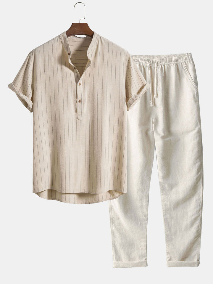 Linnenmix Gestreepte Half Open Placket Henley Kraag Shirt & Rechte Linnen Broek