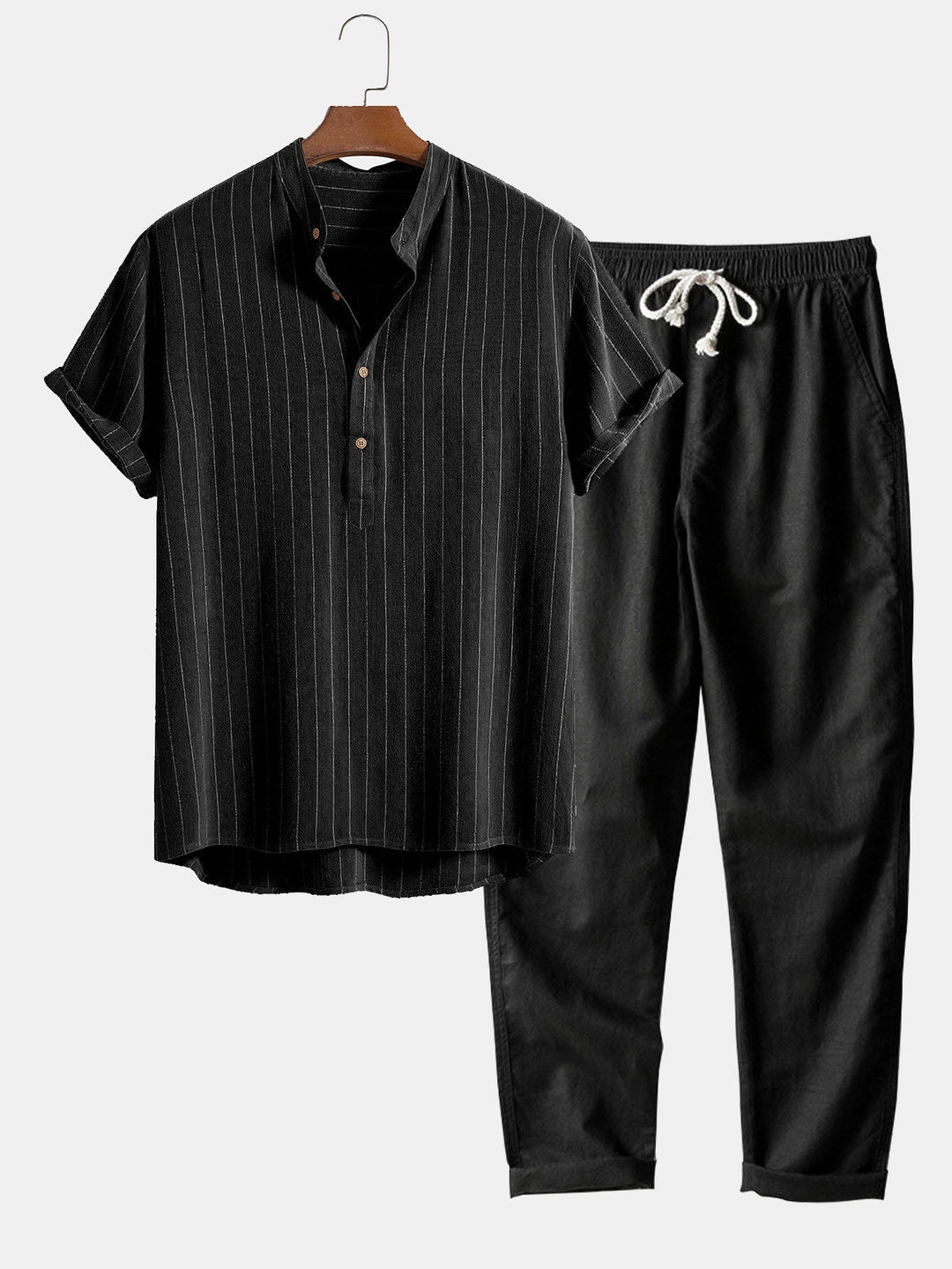 Linnenmix Gestreepte Half Open Placket Henley Kraag Shirt & Rechte Linnen Broek