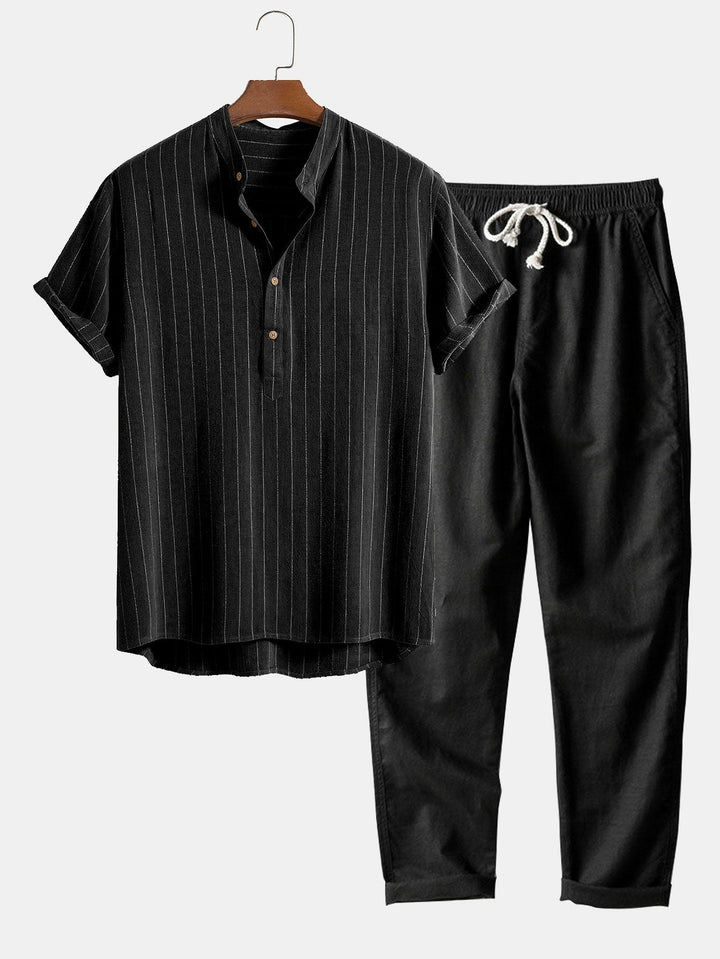 Linnenmix Gestreepte Half Open Placket Henley Kraag Shirt & Rechte Linnen Broek