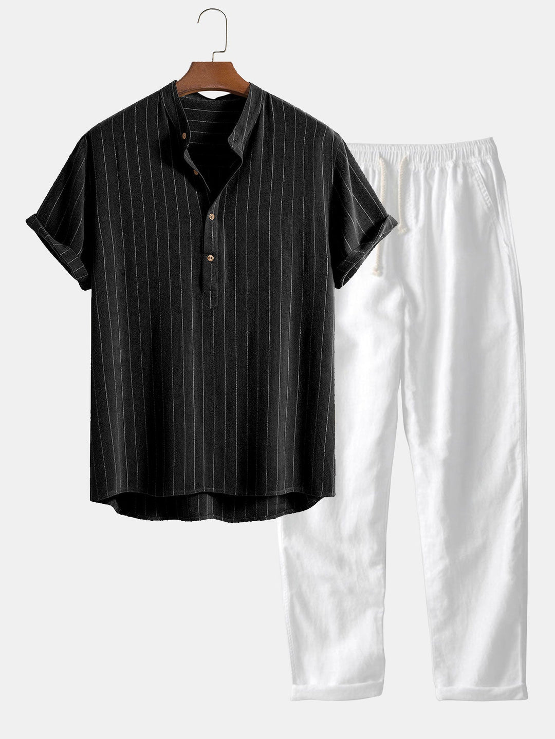 Linnenmix Gestreepte Half Open Placket Henley Kraag Shirt & Rechte Linnen Broek