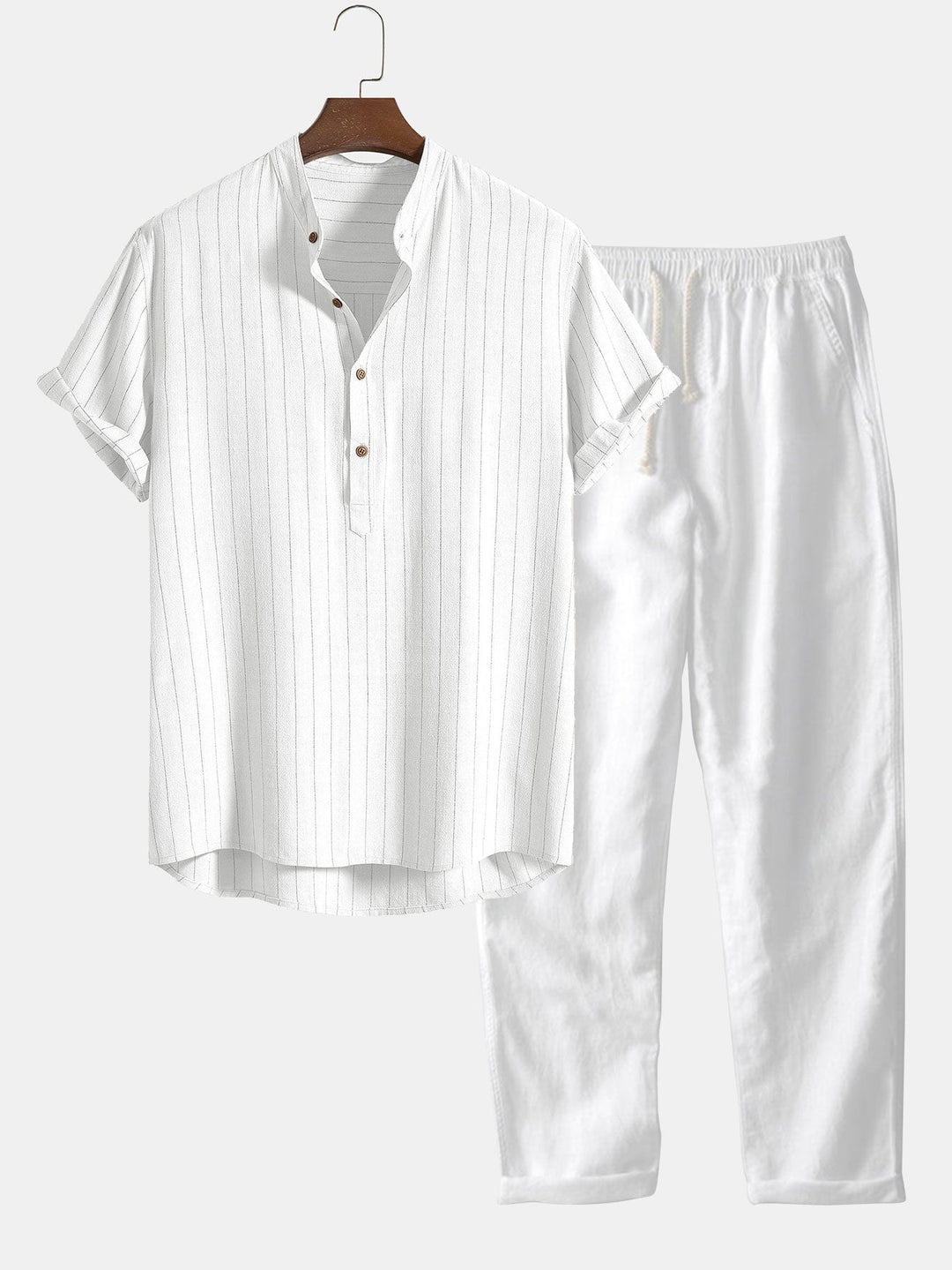 Linnenmix Gestreepte Half Open Placket Henley Kraag Shirt & Rechte Linnen Broek