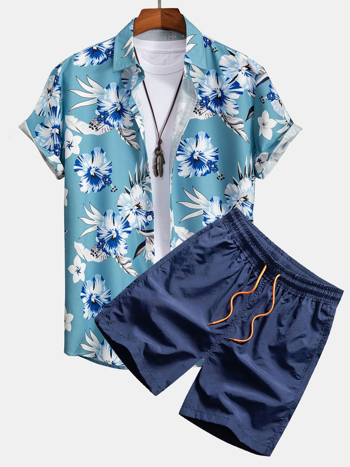 Tropisch Bloemenprint Overhemd met Knopen & Zwemshorts