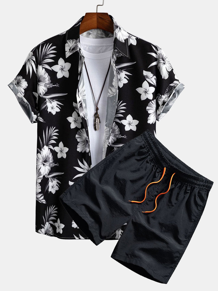 Tropisch Bloemenprint Overhemd met Knopen & Zwemshorts