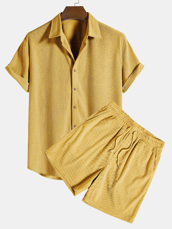 Korte Mouwen Corduroy Overhemd met Knopen & Shorts