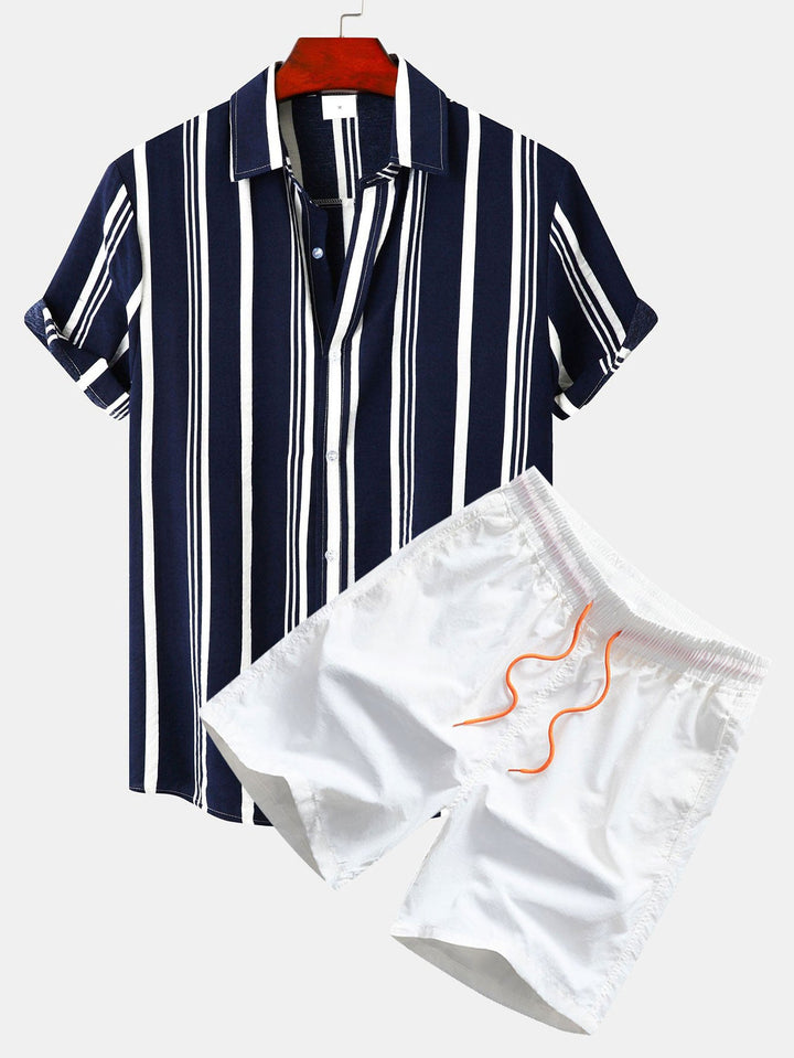 Gestreepte Print Knop-Up Shirt & Zwemshorts