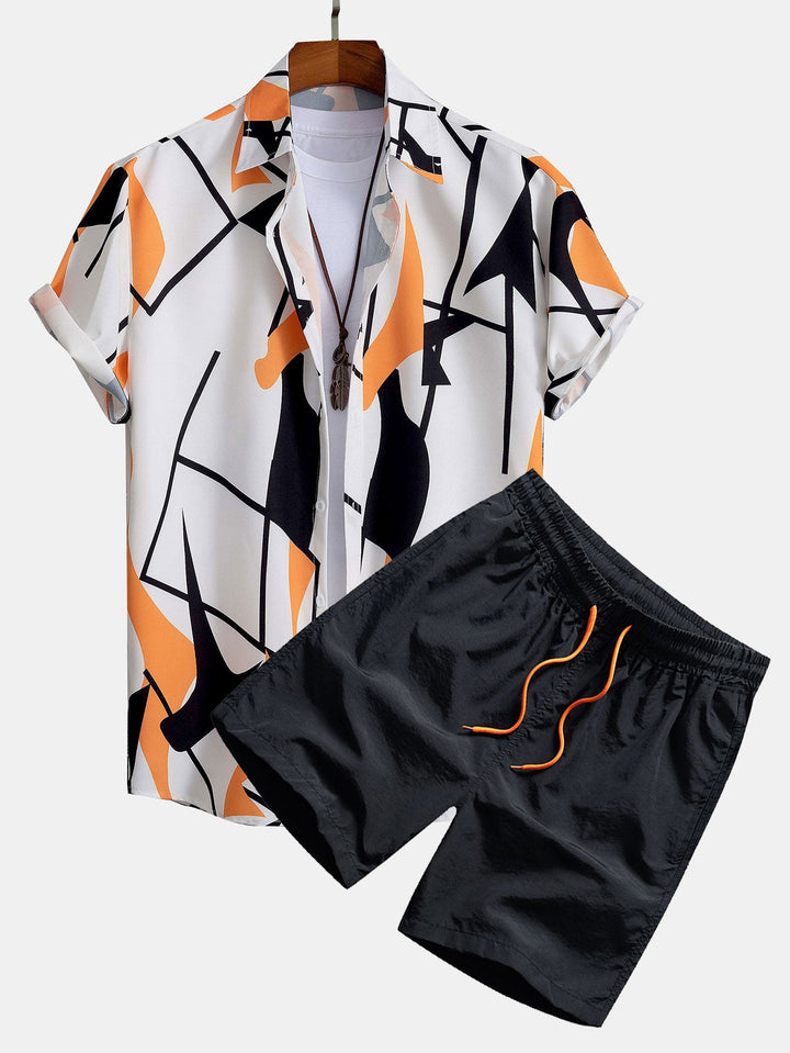 Kleur Blok Abstract Print Knop-Up Shirt & Zwemshorts