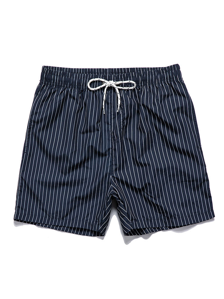 Linnen Look Korte Mouwen Shirt & Gestreepte Print Zwemshorts
