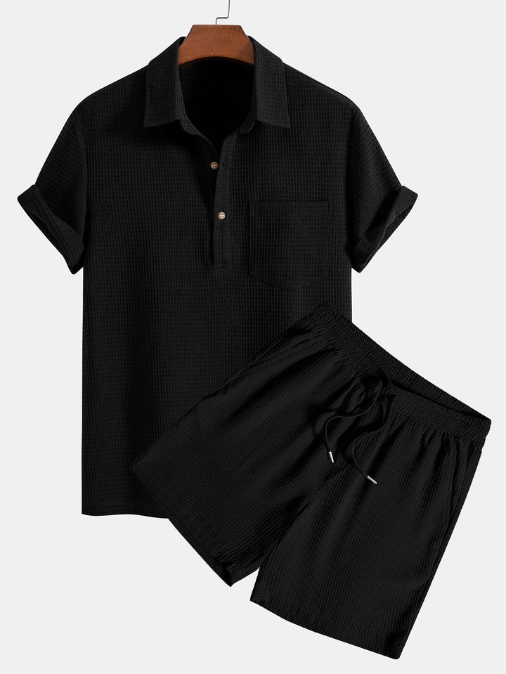 Wafel Polo Kraag Shirt Met Zak & Wafel Korte Broek
