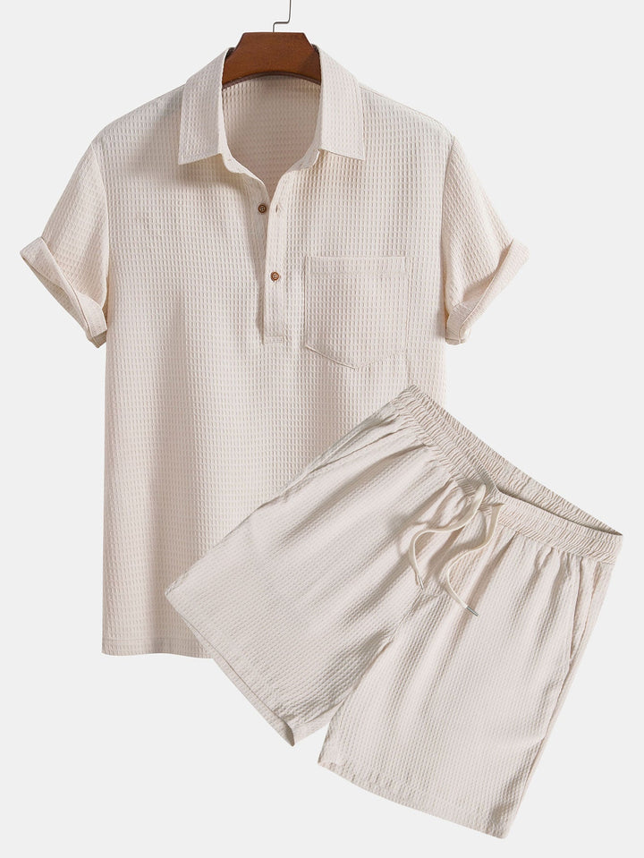 Wafel Polo Kraag Shirt Met Zak & Wafel Korte Broek
