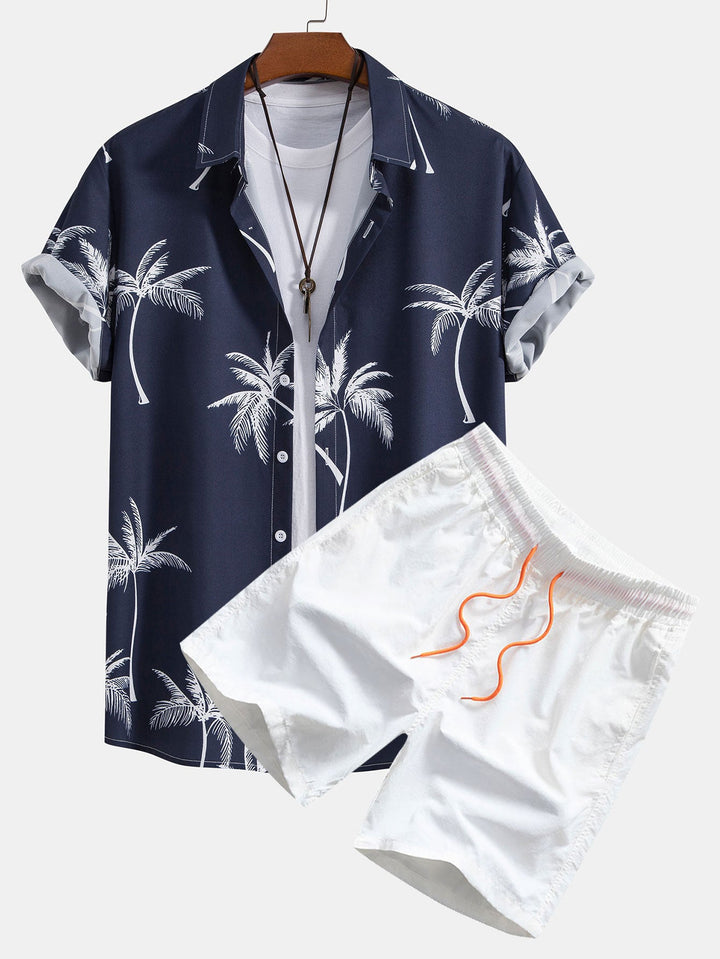 Palmboomprint Overhemd met Knopen & Zwemshorts