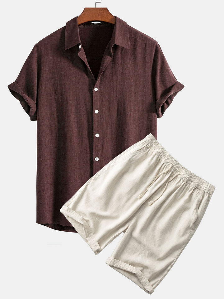Linnen Rayon Mix Knop-Up Shirt & Linnen Katoen Mix 11" Shorts