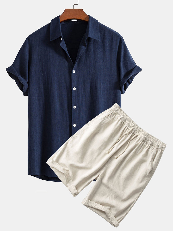 Linnen Rayon Mix Knop-Up Shirt & Linnen Katoen Mix 11" Shorts