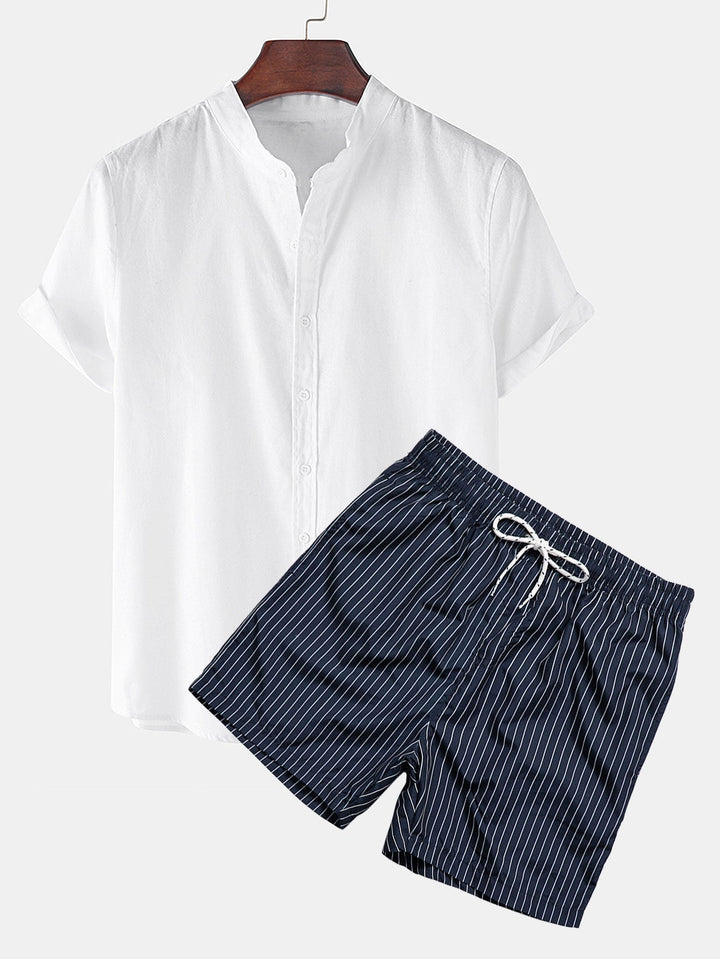 Linnen Look Korte Mouwen Shirt & Gestreepte Print Zwemshorts
