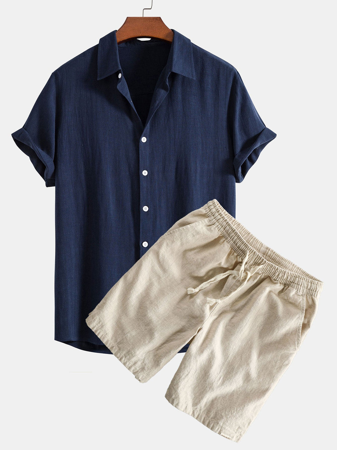 Linnen Rayon Mix Knopsluiting Shirt & Linnen Katoen Mix Touwsluiting Shorts