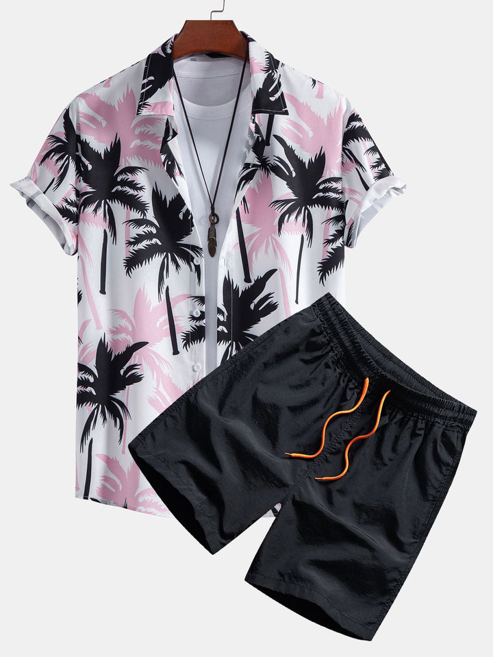 Palmboomprint Overhemd met Knopen & Zwemshorts