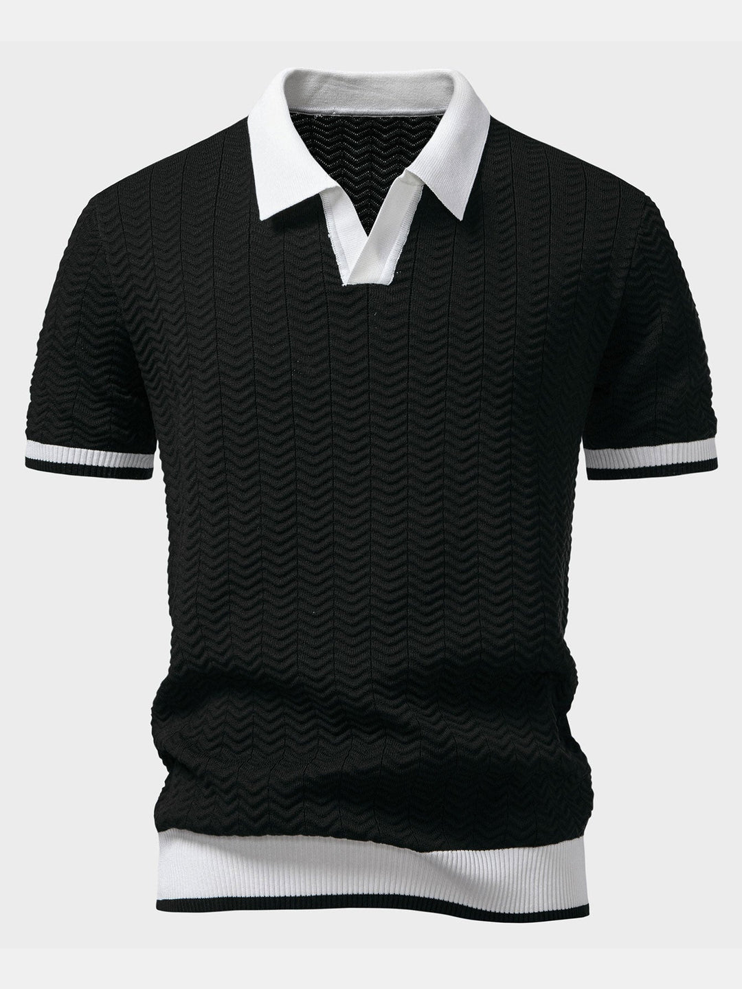 Textuurcontrast Gebreide V-Hals Polo Shirt