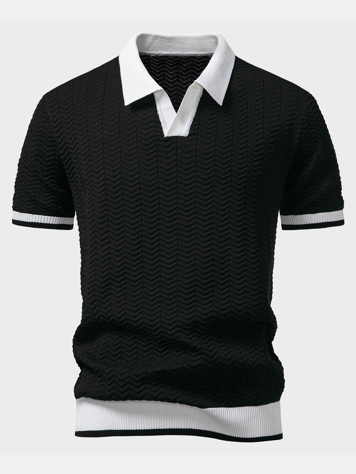 Textuurcontrast Gebreide V-Hals Polo Shirt & Rechte Ribbroek