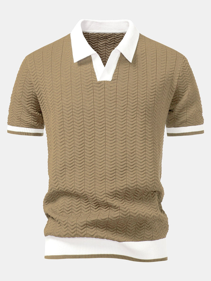Textuurcontrast Gebreide V-hals Polo Shirt & Slim Fit Toegelopte Broek