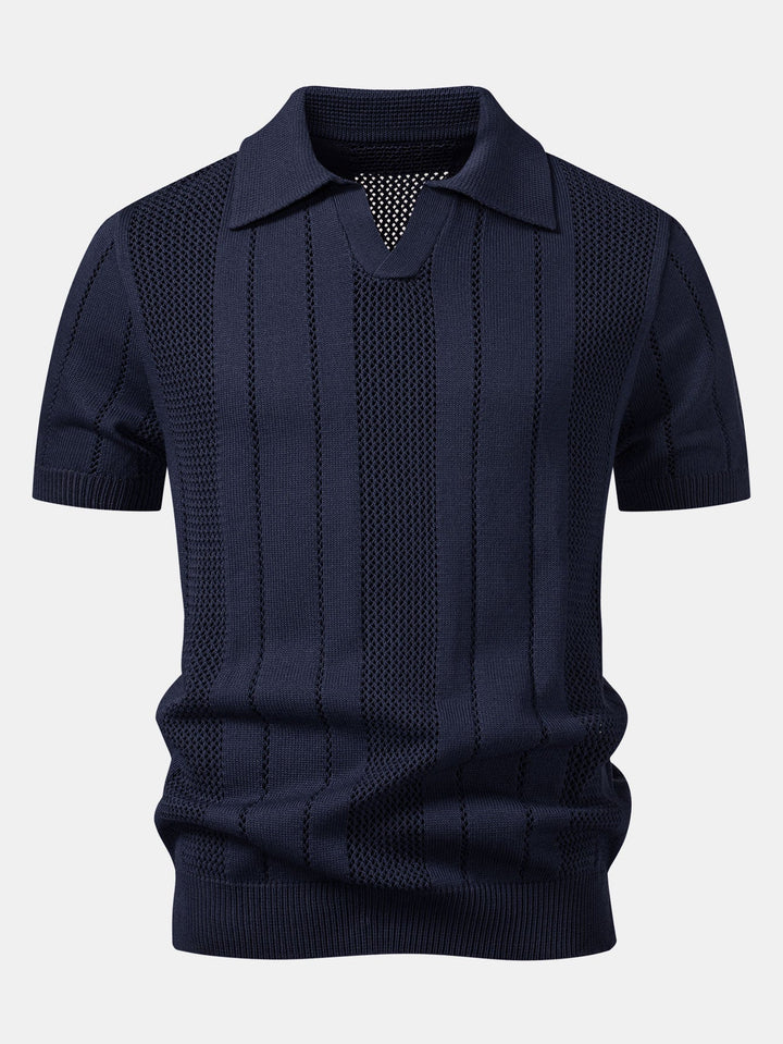 Johnny Collar Striped Open Knit Polo