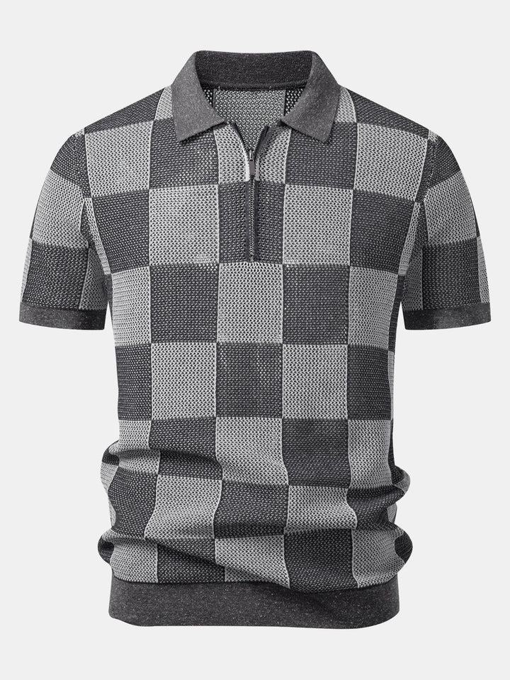 Checkerboard Crocheted Zipper Knit Polo