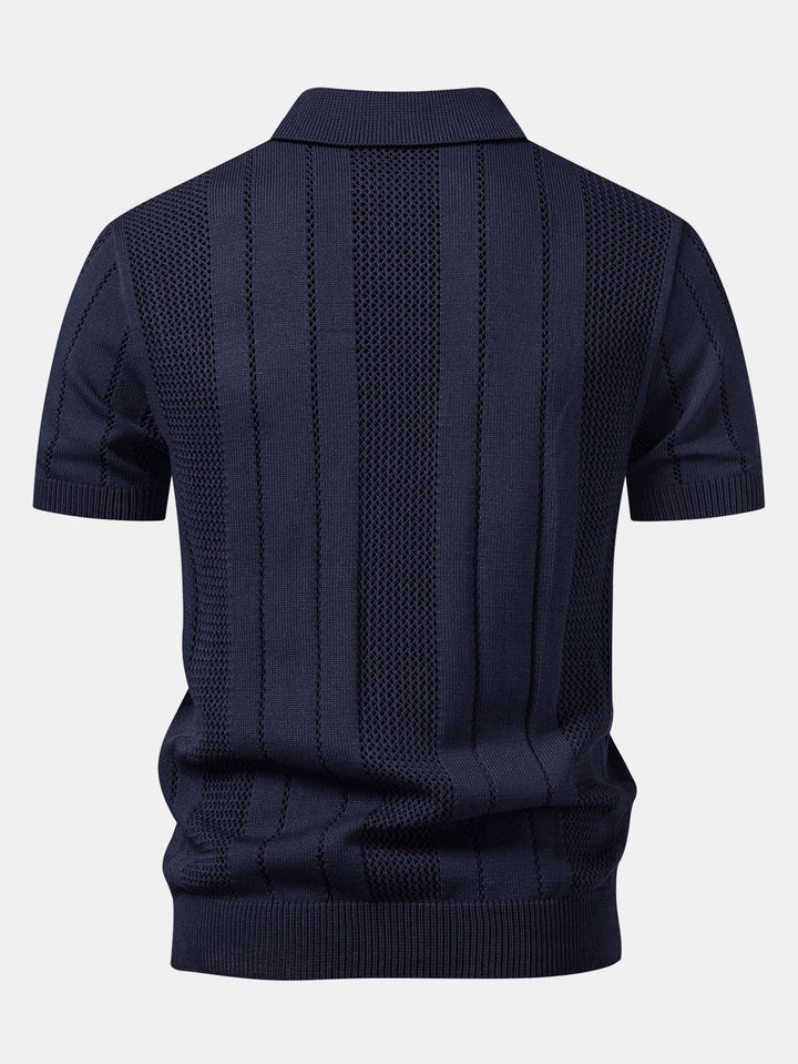 Johnny Collar Striped Open Knit Polo