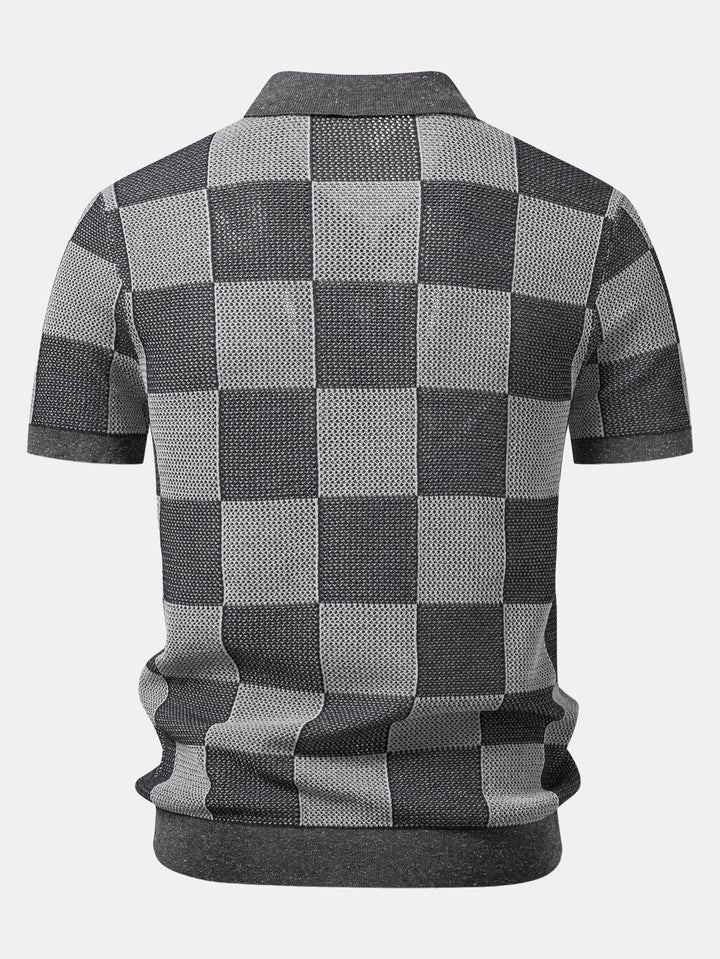 Checkerboard Crocheted Zipper Knit Polo