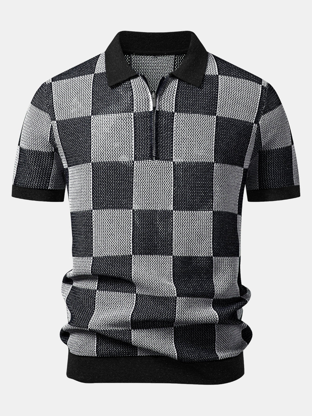 Checkerboard Crocheted Zipper Knit Polo