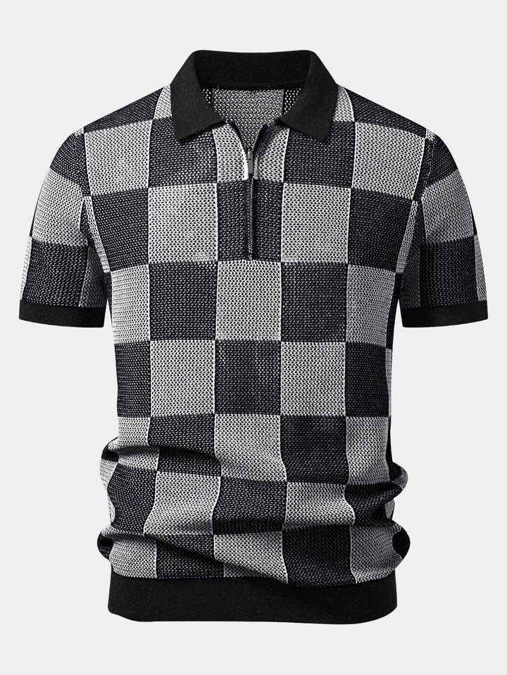 Checkerboard Crocheted Zipper Knit Polo