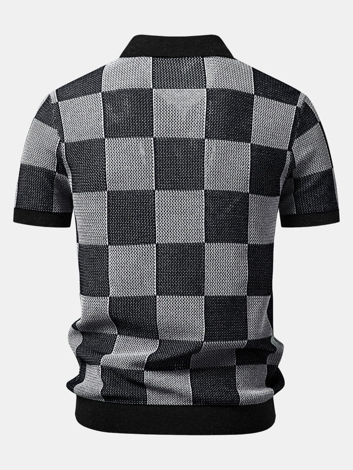 Checkerboard Crocheted Zipper Knit Polo