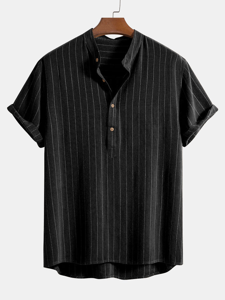 Linnenmix Gestreepte Half Open Placket Henley Kraag Shirt & Rechte Linnen Broek