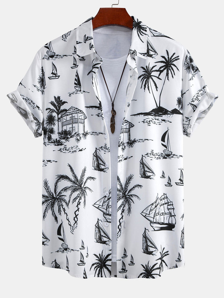 Island Sailing Print Knop-Up Shirt & Zwemshorts
