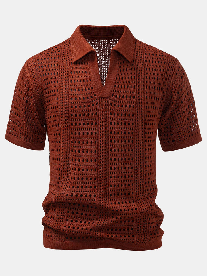 Gehaakte V-hals Polo-shirt & linnen broek met rechte pijpen