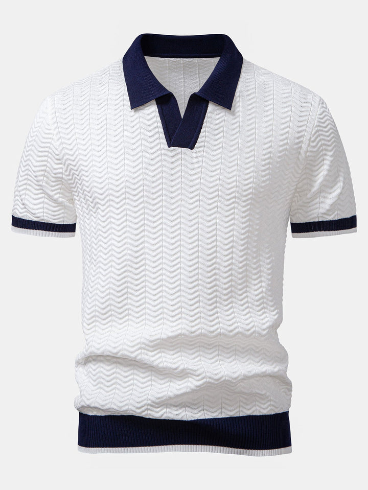 Textuurcontrast Gebreide V-hals Polo Shirt & Slim Fit Toegelopte Broek