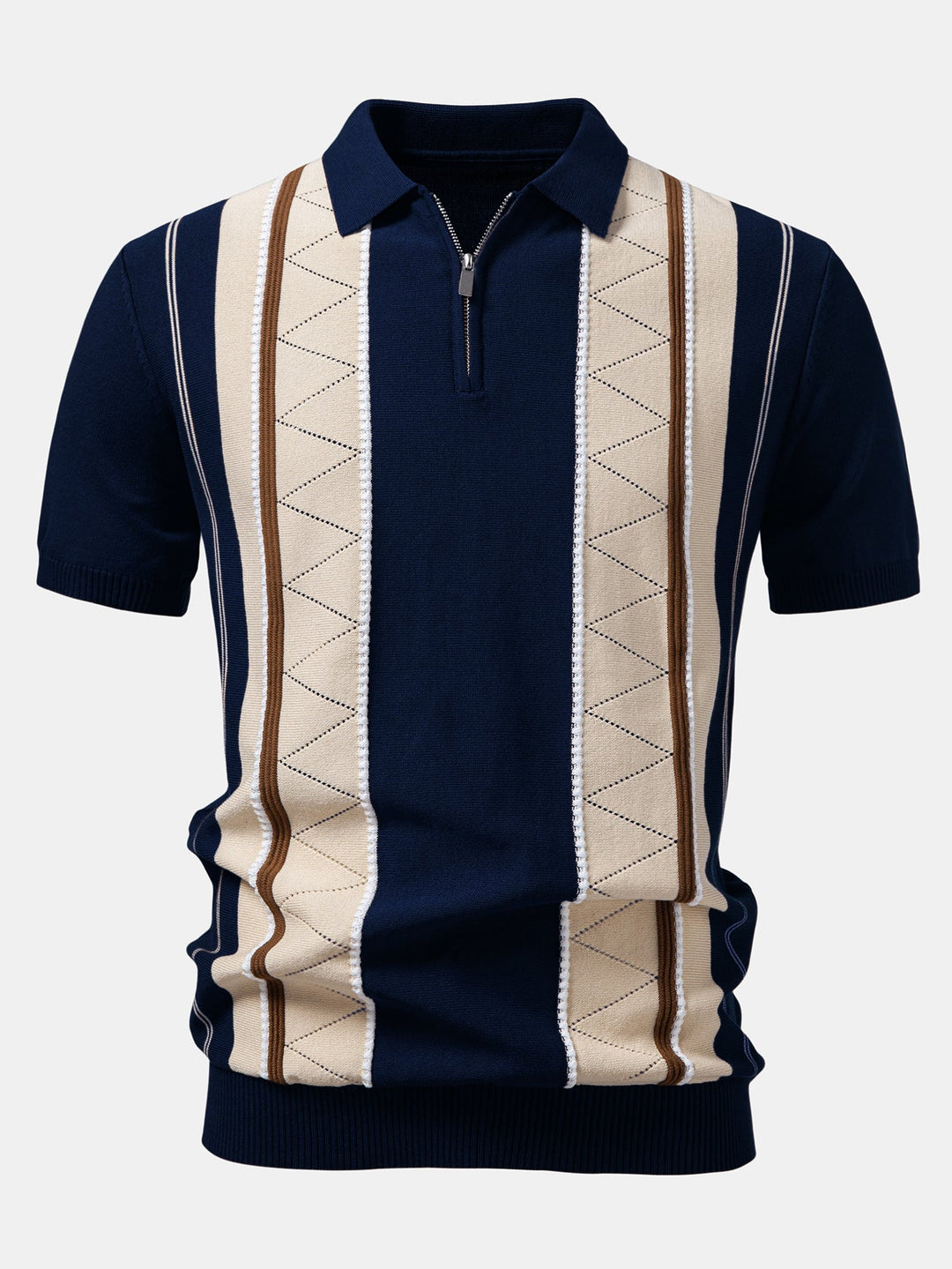 Contrast Striped Geometric zipper Knit Polo