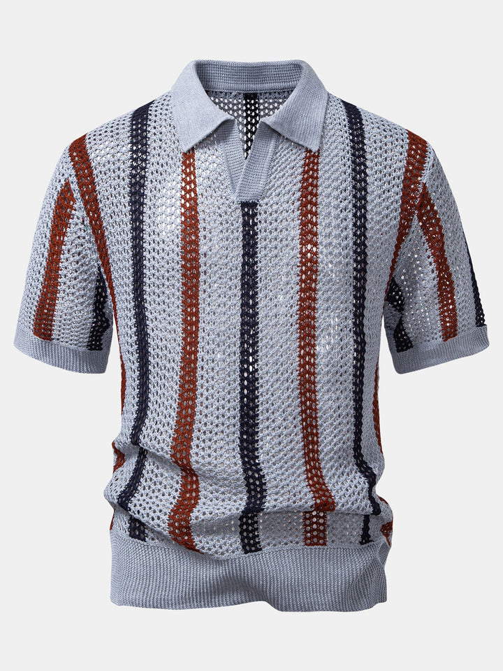 Gestreepte gehaakte V-hals Polo & linnen broek met rechte pijpen