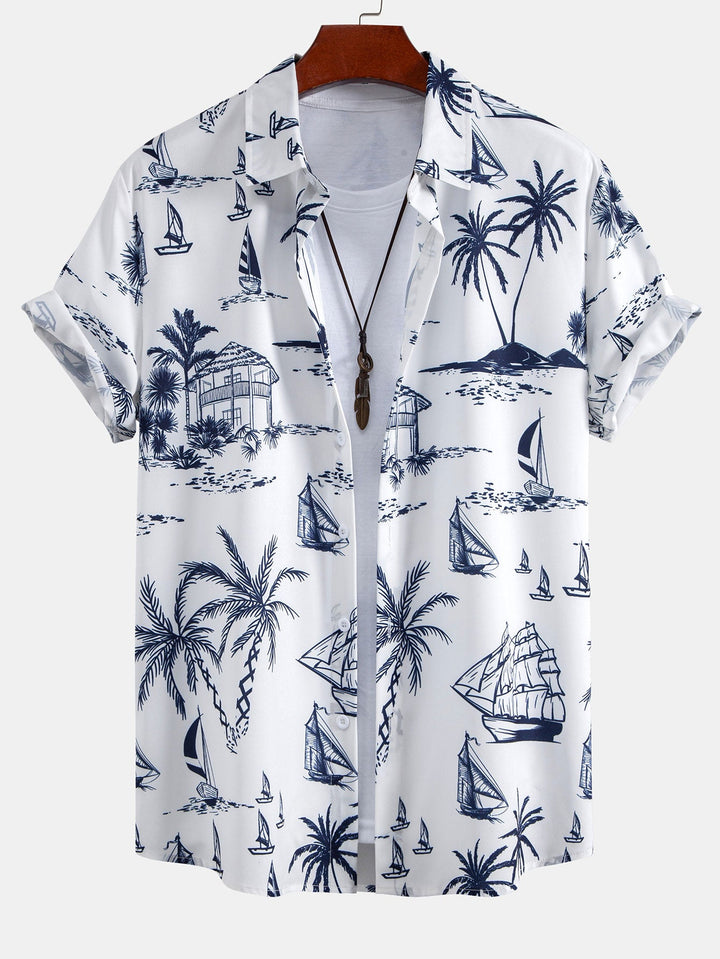 Island Sailing Print Knop-Up Shirt & Zwemshorts
