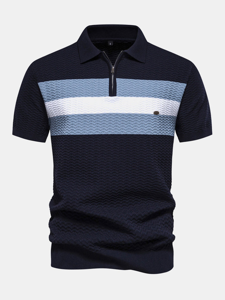 Contrast Textured Jacquard Gebreid Zip Up Polo Shirt