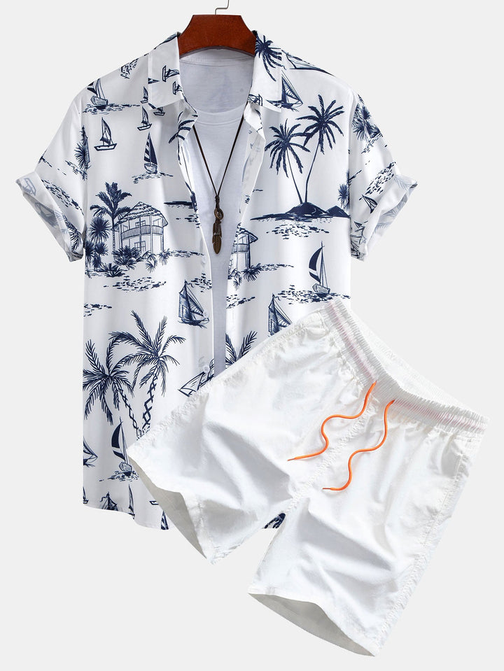 Island Sailing Print Knop-Up Shirt & Zwemshorts