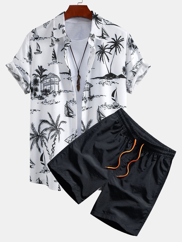 Island Sailing Print Knop-Up Shirt & Zwemshorts