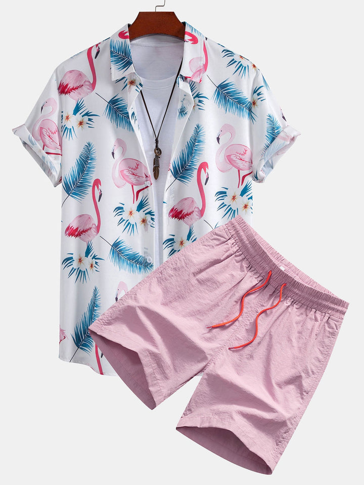 Flamingo Bladprint Overhemd met Knopen & Zwemshorts