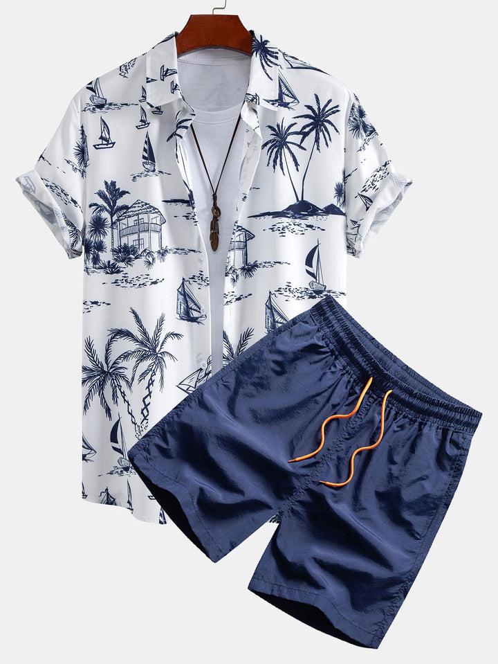 Island Sailing Print Knop-Up Shirt & Zwemshorts