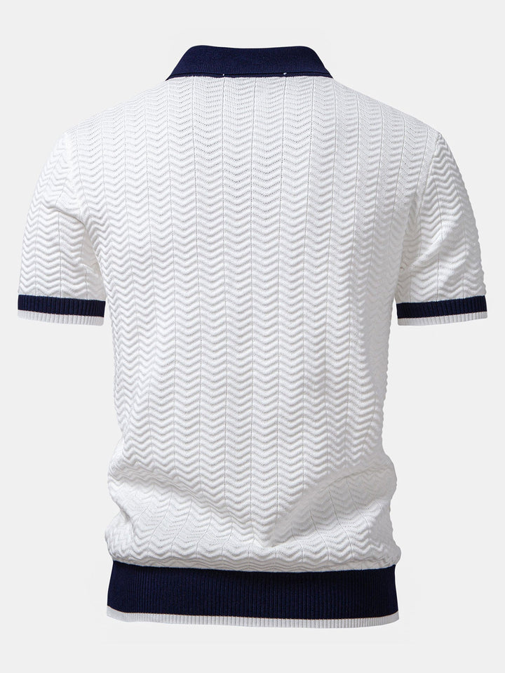 Textuurcontrast Gebreide V-Hals Polo Shirt