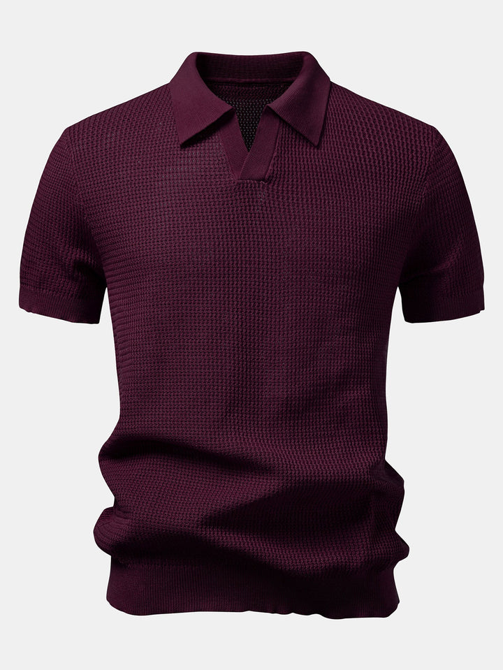Textured Johnny Collar Crocheted Knit Polo