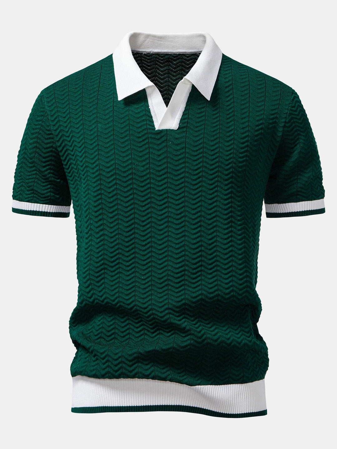 Textuurcontrast Gebreide V-Hals Polo Shirt