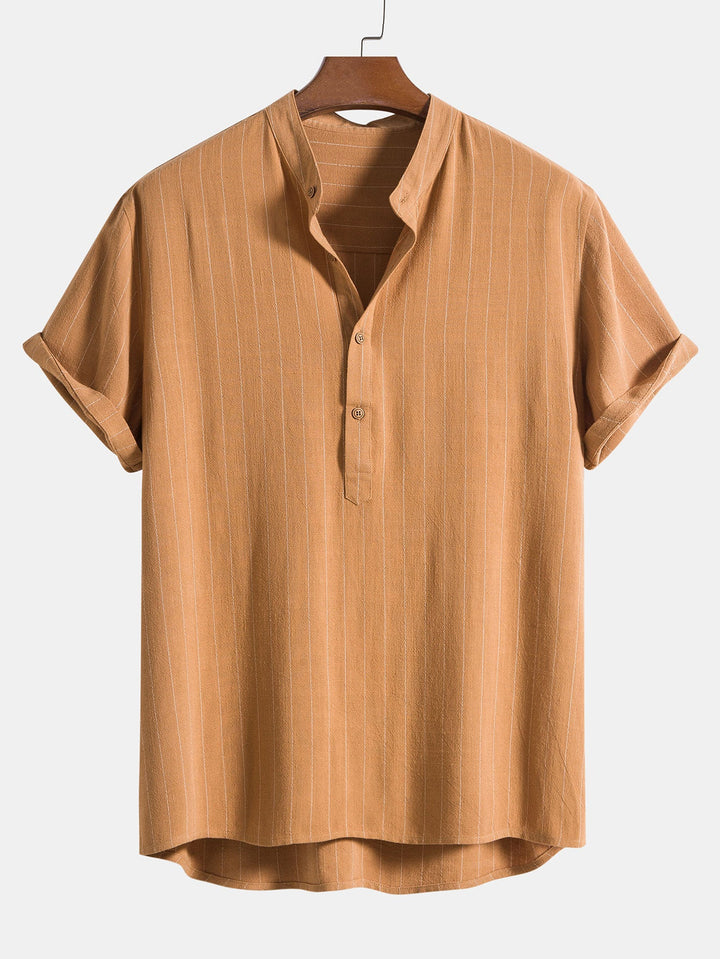 Linnenmix Gestreepte Half Open Placket Henley Kraag Shirt & Rechte Linnen Broek