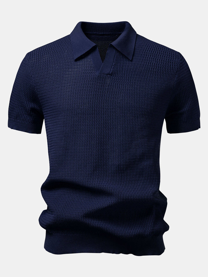 Textured Johnny Collar Crocheted Knit Polo