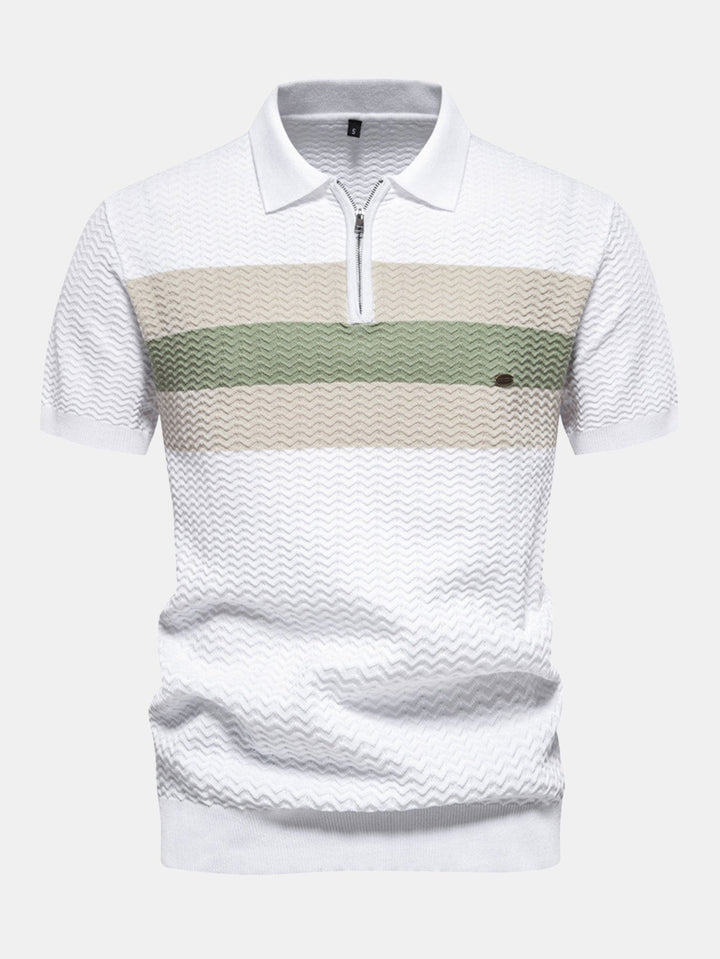 Contrast Textured Jacquard Gebreid Zip Up Polo Shirt