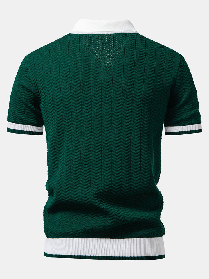 Textuurcontrast Gebreide V-Hals Polo Shirt & Rechte Ribbroek